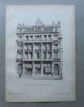 Holzstich Architektur Brüssel 1887 Wohn und Geschäftshaus Boulevard Anspach